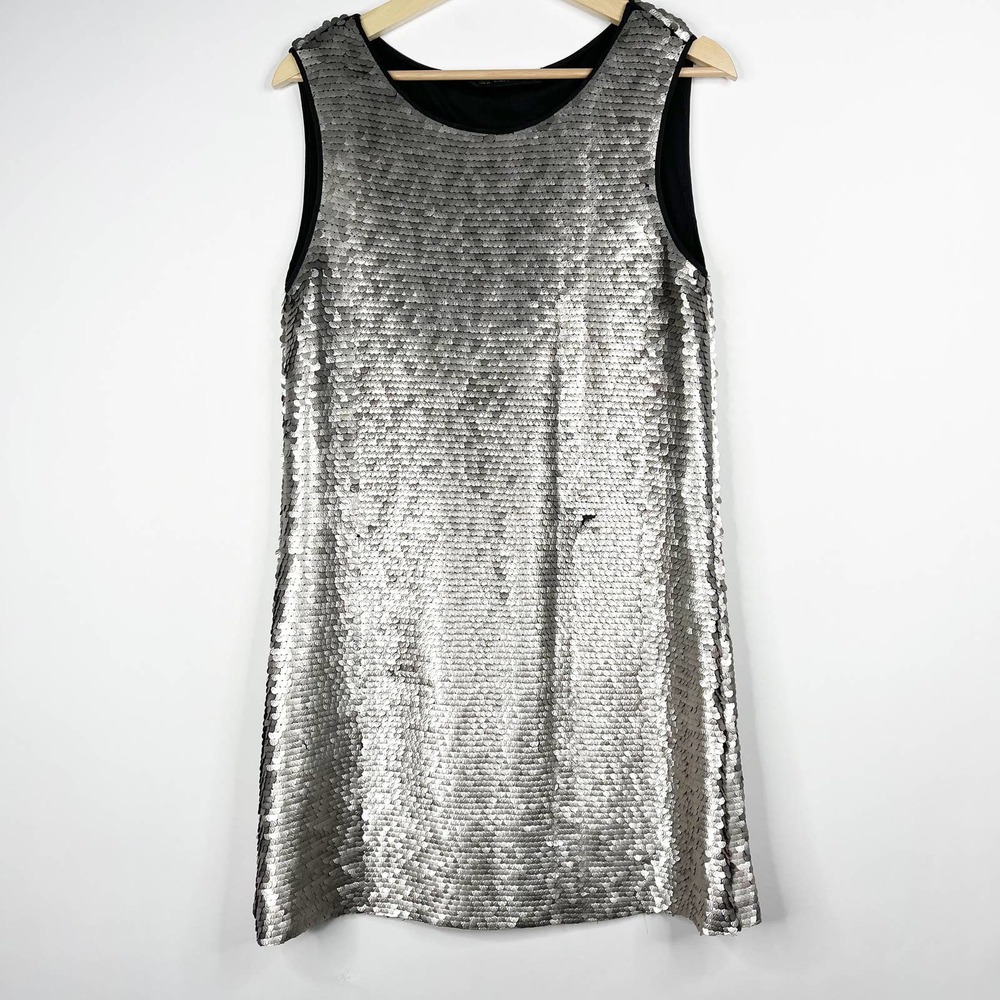 ZARA Sequin Shift Dress Sleeveless  Medium Silver Black Loose Flowy #7075